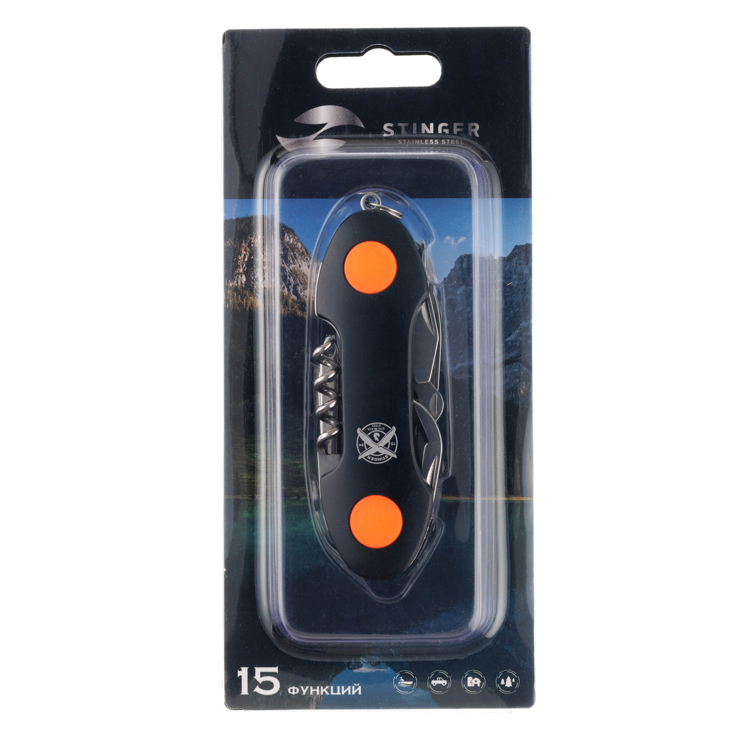 Нож Stinger FK-KF5011LG3B, 96 мм, 15 функций, оранжевый