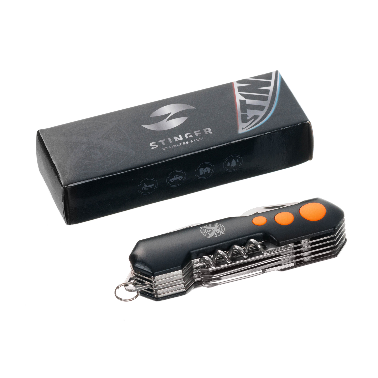 Нож Stinger FK-KO5011LG3, 96 мм, 15 функций, оранжевый