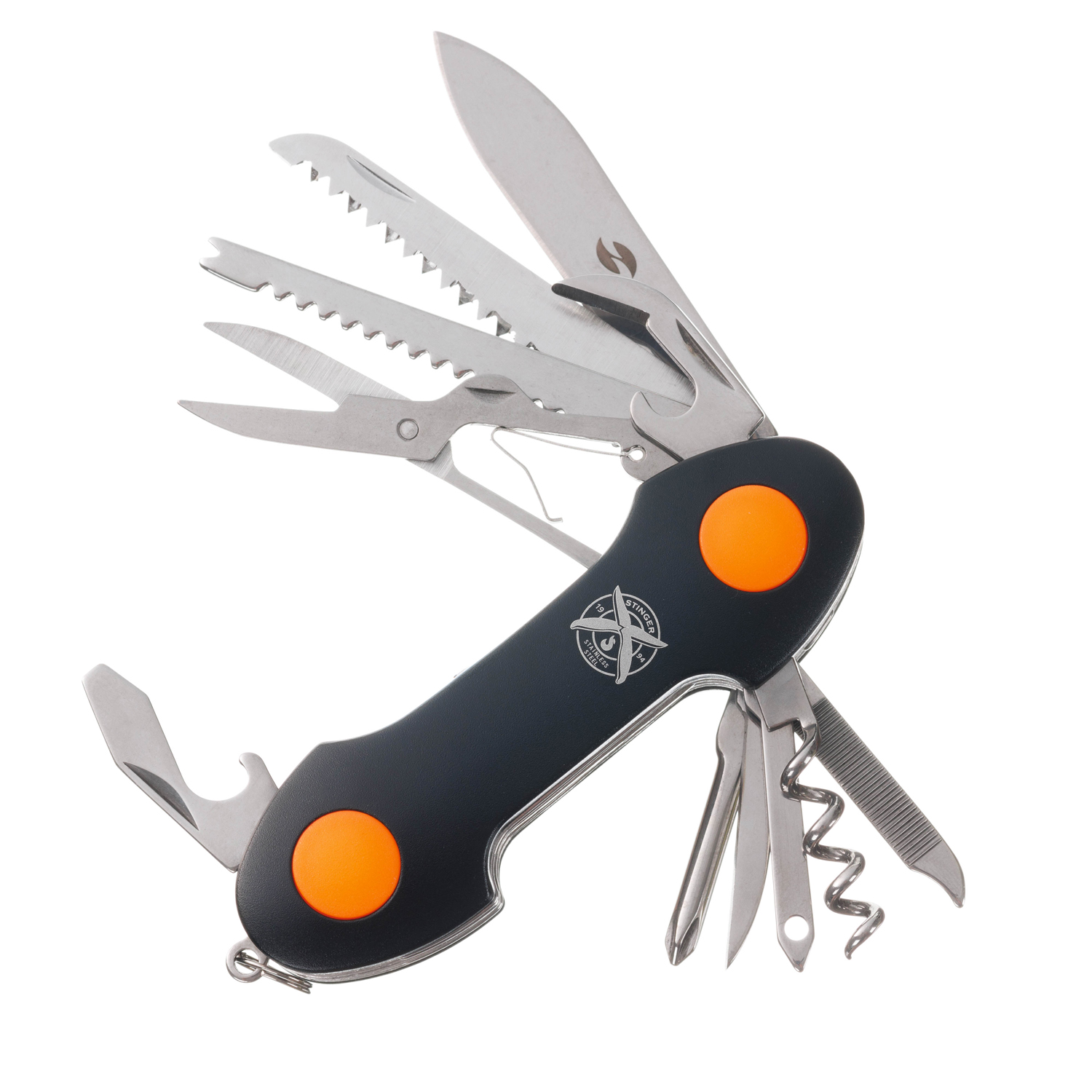 Нож Stinger FK-KF5011LG3B, 96 мм, 15 функций, оранжевый